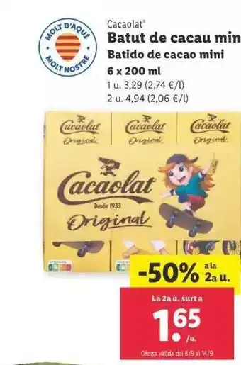 Lidl -50% a la 2a u. cacaolat batido de cacao mini oferta
