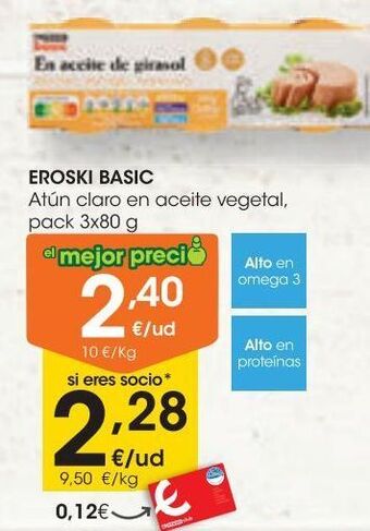 Eroski Eroski basic atún claro en aceite vegetal pack 3x80 g oferta