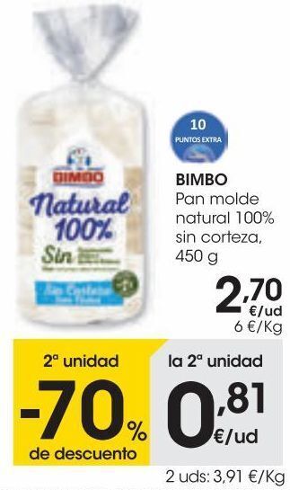 Eroski Bimbo pan molde natural 100% sin corteza 450 g oferta