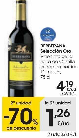 Eroski Berberana selección oro vino tinto de la tierra de castilla criado en barrica 12 mes 0,75 l oferta
