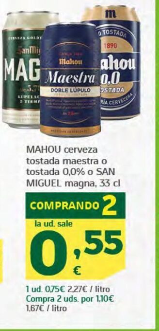 HiperDino Mahou cerveza tostada maestra o tostada 0,0% o san miguel magna oferta