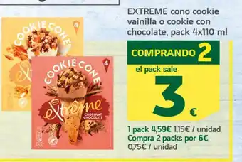 HiperDino Extreme cono cookie vainilla o cookie con chocolate, pack oferta
