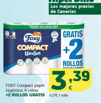 HiperDino Foxy compact papel higiénico, 4 rollos oferta