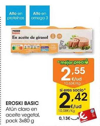 Eroski Eroski basic atún claro en aceite vegetal pack 3 oferta