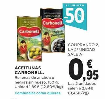 Hipercor 2a unidad -50% aceitunas carbonell oferta