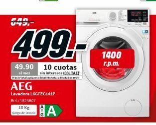 MediaMarkt 40 und 499. 49.90 10 cuotas al mes sin intereses (0% tae)' precio totala platos e importe total adeudado: 499€ aeg lava oferta