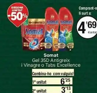 SPAR Segona unitat -50% somat gel 35d antigreix i vinagre o tabs exclellence oferta