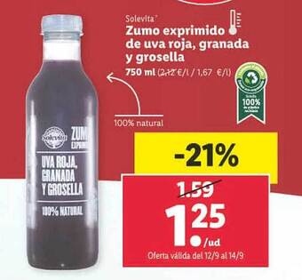 Lidl Solevita zumo exprimido de uva roja, granada y grosella oferta