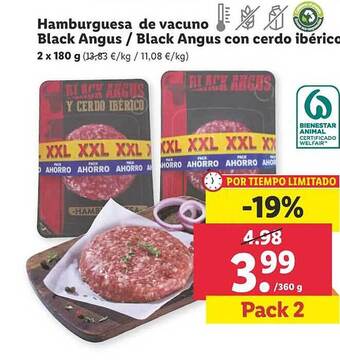 Lidl Hamburguesa de vacuno black angus black angus con cerdo ibérico oferta