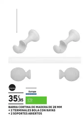 Leroy Merlin Inspire Barra Cortina De Madera De 28 Mm + 2 Terminales Bola Con Rayas + 2 Soportes Abiertos oferta