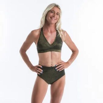 Decathlon Top bikini mujer deportivo escote v brillo negro oro oferta