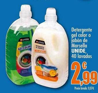 Unide Supermercados Detergente gel color o jabón de marsella unide 40 lavados oferta