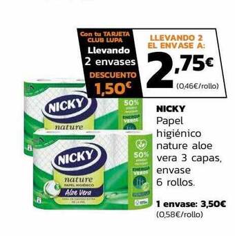Supermercados Lupa Nicky papel higiénico nature aloe vera 3 capas envase 6 rollos oferta