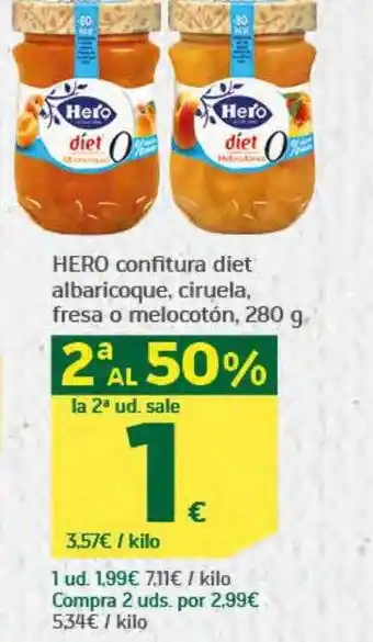 HiperDino 2a al 50% la 2a ud. sale hero confitura diet albaricoque ciruela fresa o melocotón oferta
