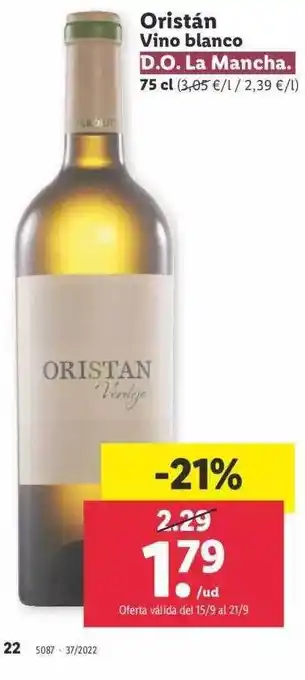 Lidl Oristán vino blanco d.o. la mancha oferta