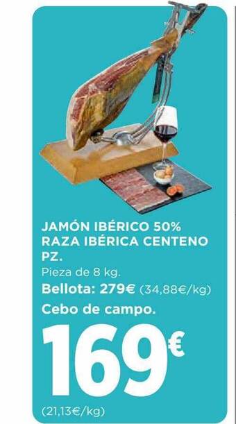 Hipercor Jamón ibérico 50% raza ibérica centeno pz. oferta