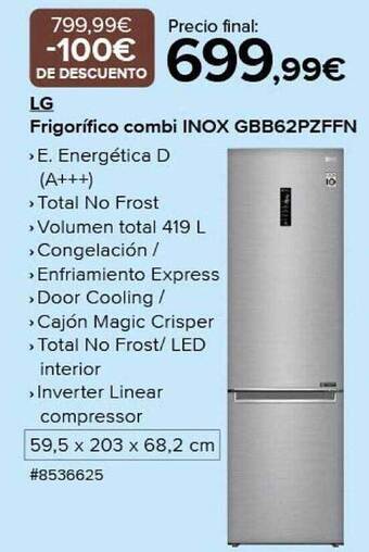 Costco Lg frigorifico combi inox gbb62pzffn oferta