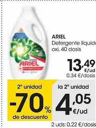 Eroski 2a unidad -70% de descuento ariel detergente líquido oxi 40 dosis oferta