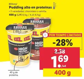 Lidl Milbona Pudding alto en proteínas 400 g oferta