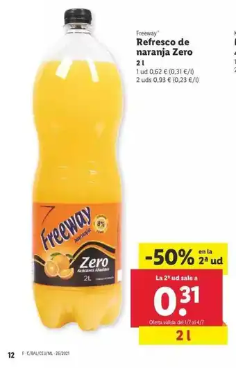 Lidl Freeway Refresco De Naranja Zero 2L oferta