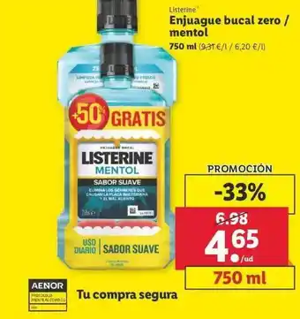 Lidl Listerine Enjuague Bucal Zero / Mentol 750ml oferta