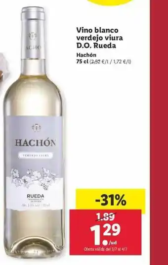 Lidl Hachón Vino Blanco Verdejo Viura D.o. Rueda 75cl oferta
