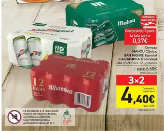 Carrefour Cerveza Mahou Clásica San Miguel Especial O Alhambra Tradicional 33cl oferta