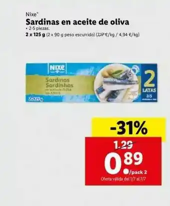 Lidl Nixe Sardinas En Aceite De Oliva 2x125g oferta