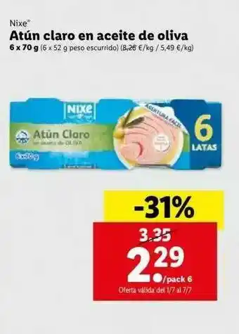 Lidl Nixe Atún Claro En Aceite De Oliva 6x70g oferta