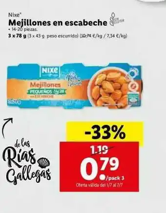 Lidl Nixe Mejillones En Escabeche 3x78g oferta