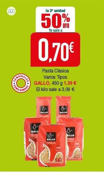 Masymas La 2a unidad 50% dto pasta clásica varios tipos gallo oferta