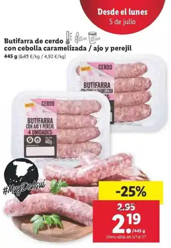 Lidl Butifarra De Cerdo Con Cebolla Caramelizada / Ajo Y Perejil 445g oferta
