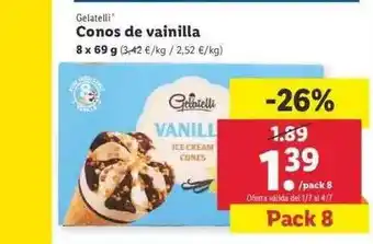 Lidl Gelatelli Conos De Vainilla 8 x 69g oferta