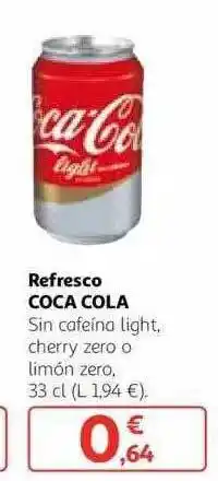 Alcampo Refresco coca cola sin cafeína light cherry zero o limón zero oferta