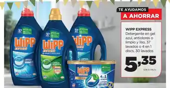 Alimerka Wipp express detergente en gel azul antiolores o limpio y liso 37lavados o 4 en 1 discs 30 lavados oferta