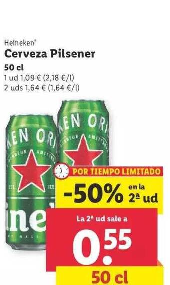 Lidl -50% en la 2a ud heineken cerveza pilsener oferta