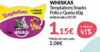 PrimaPrix Whiskas Temptations Snacks Pollo y Queso 60g oferta