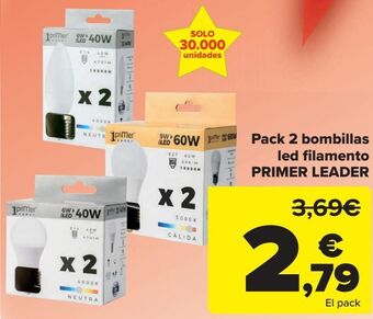 Carrefour Pack 2 bombillas led filamento primer leader oferta