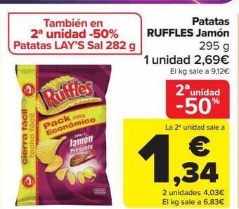 Carrefour 2a unidad -50% patatas ruffles jamón oferta