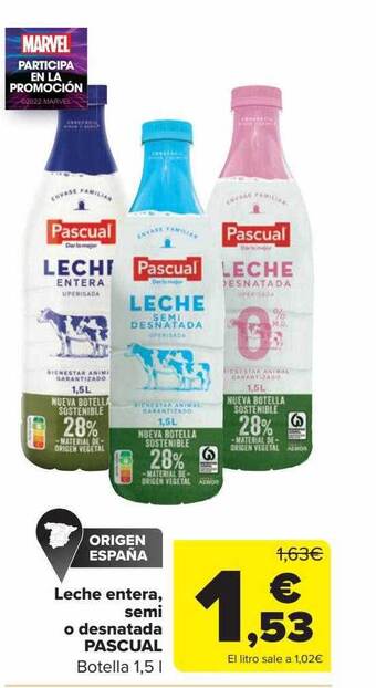 Carrefour Leche entera, semi o desnatada pascual oferta