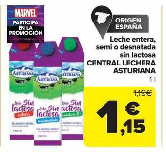 Carrefour Leche entera, semi o desnatada sin lactosa central lechera asturiana oferta