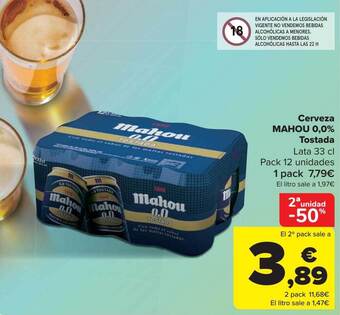 Carrefour 2a unidad -50% cerveza mahou 0.0% tostada oferta