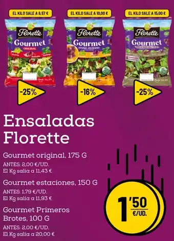 AhorraMas Florette Ensaladas Gourmet original 175 g, Gourmet Estaciones 150 g, Gourmet Primeros Brotes 100 g oferta