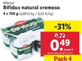 Lidl Milbona Bífidus natural cremoso 4 x 150 g oferta