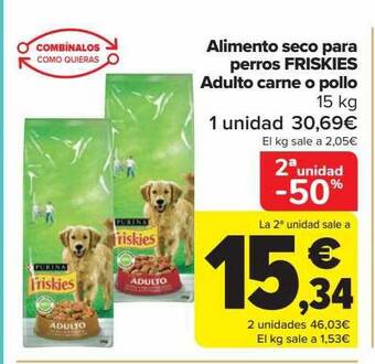 Carrefour 2a unidad -50% alimento seco para perros friskies adulto carne o pollo oferta