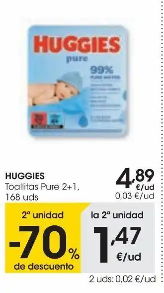 Eroski Huggies toallitas pure 2+1 168 uds oferta