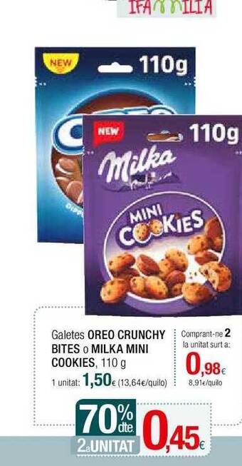 Condis 70% dte 2a unitat galetes oreo crunchy bites o milka mini cookies oferta