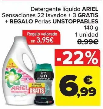 Carrefour Detergente líquido ariel sensaciones 22 lavados + 3 gratis + regalo perlas unstoppables oferta