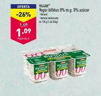 ALDI Milsani yogur bífidus 0% m.g. 0% azucar oferta