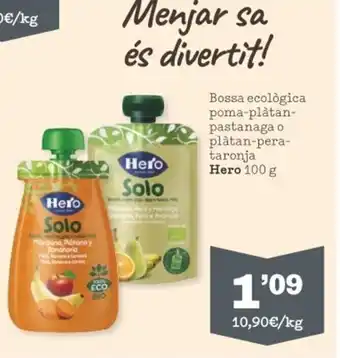 Sorli Bossa ecològica poma-plàtan-pastanaga o plàtan-pera-taronja HERO 100 g oferta